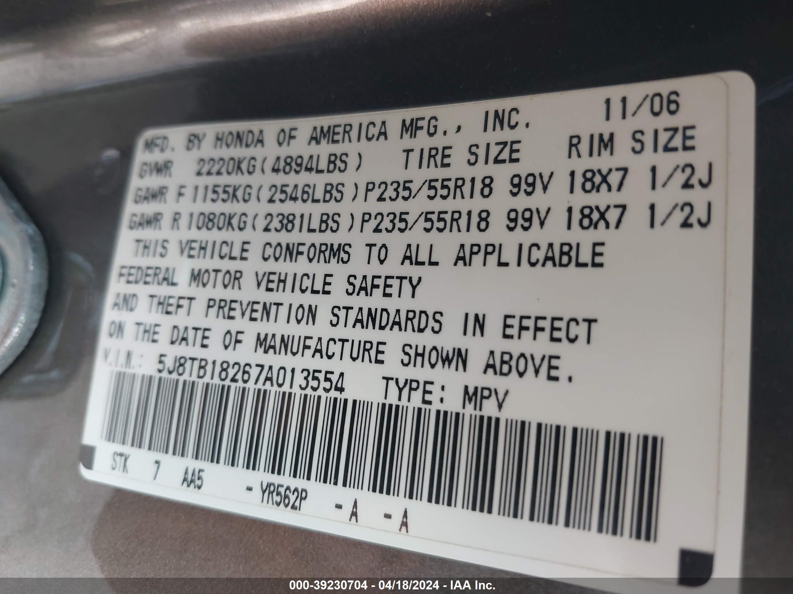 Photo 8 VIN: 5J8TB18267A013554 - ACURA RDX 