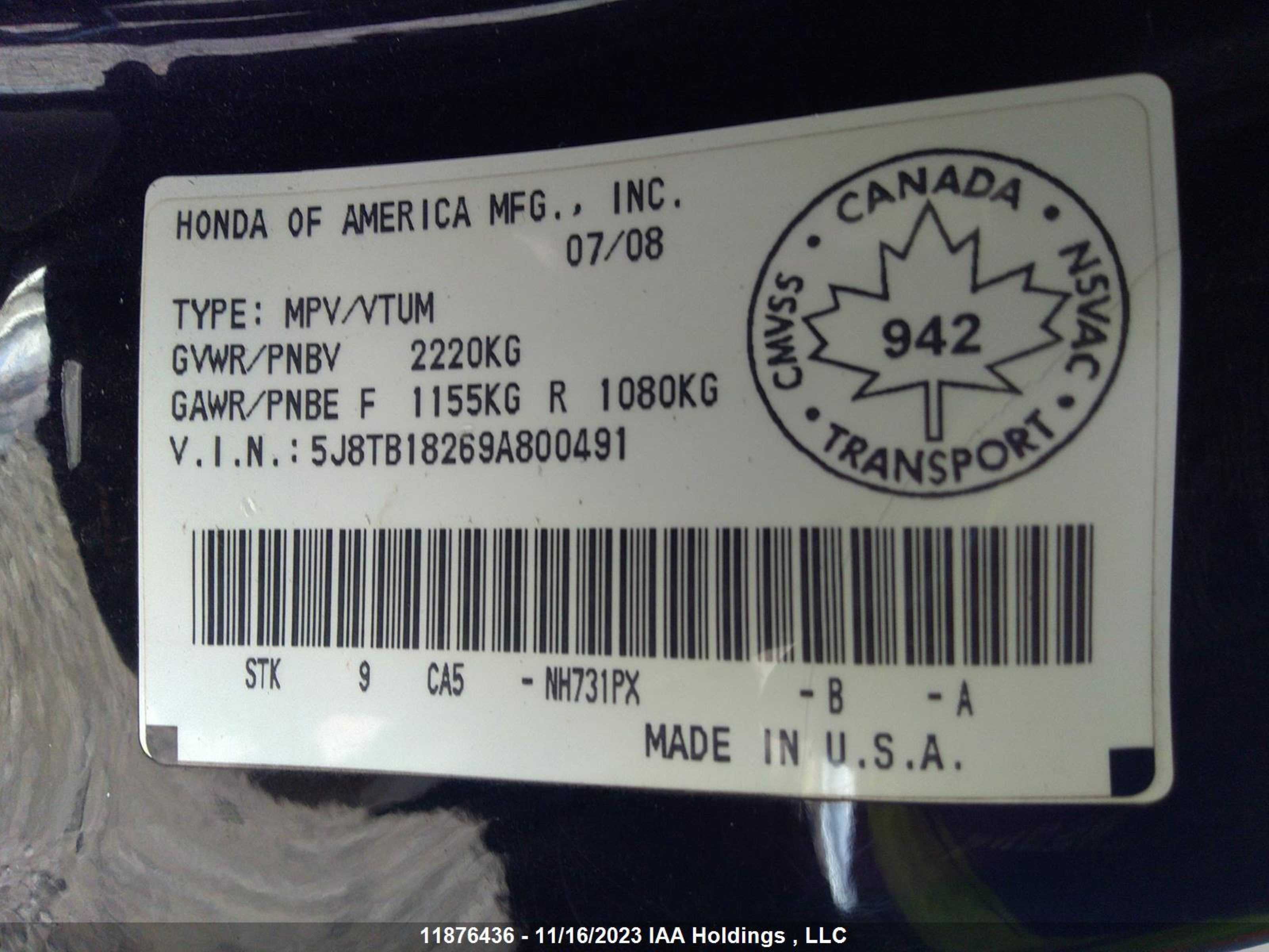 Photo 8 VIN: 5J8TB18269A800491 - ACURA RDX 