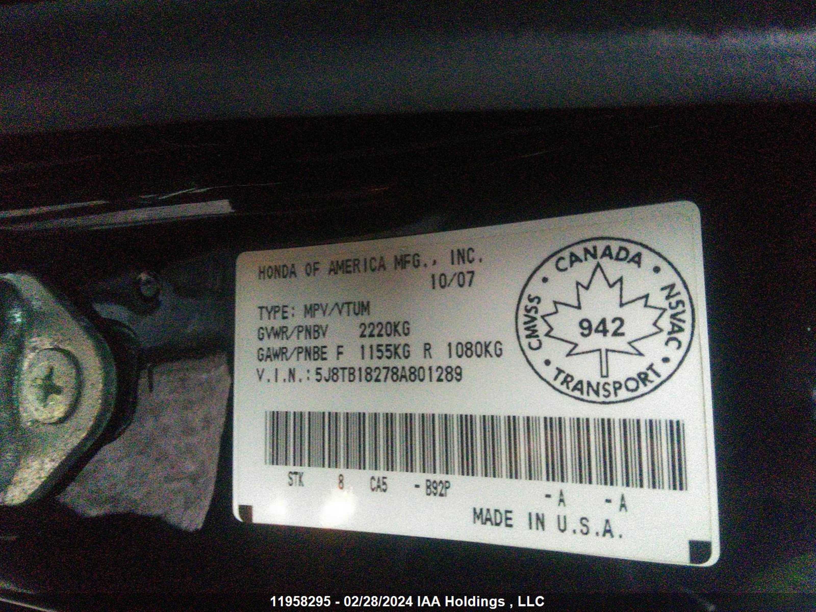 Photo 8 VIN: 5J8TB18278A801289 - ACURA RDX 