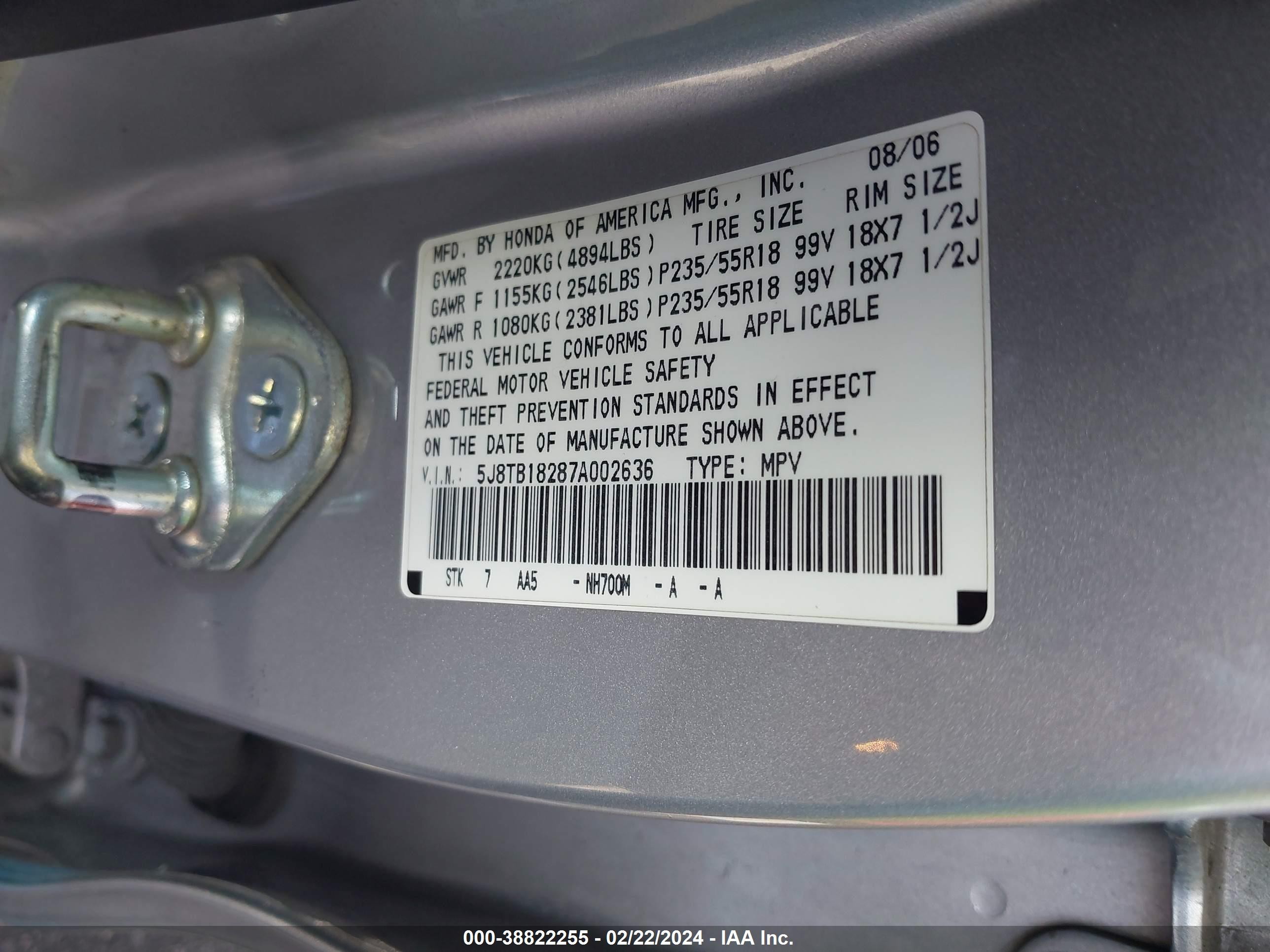 Photo 8 VIN: 5J8TB18287A002636 - ACURA RDX 