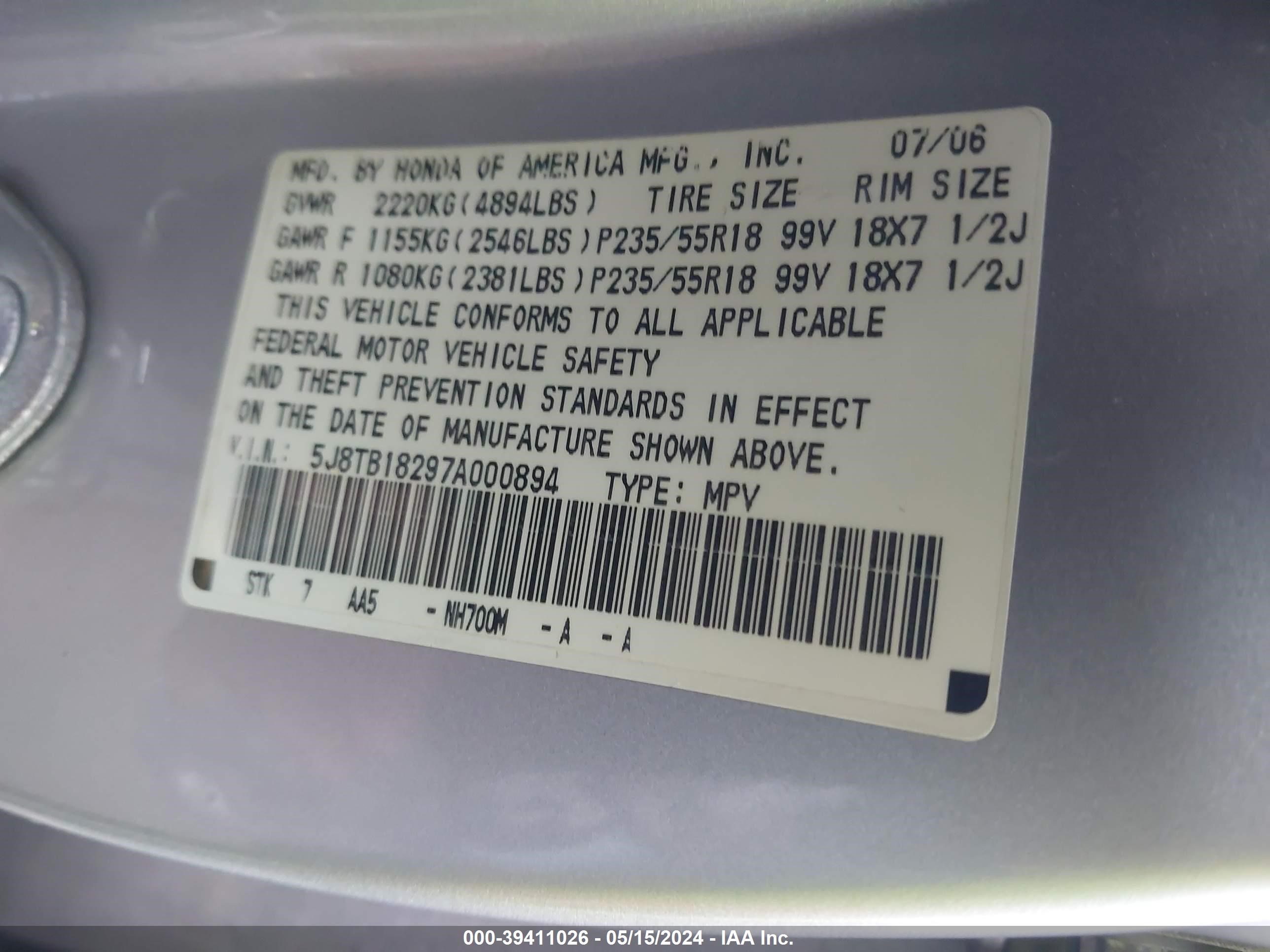 Photo 8 VIN: 5J8TB18297A000894 - ACURA RDX 