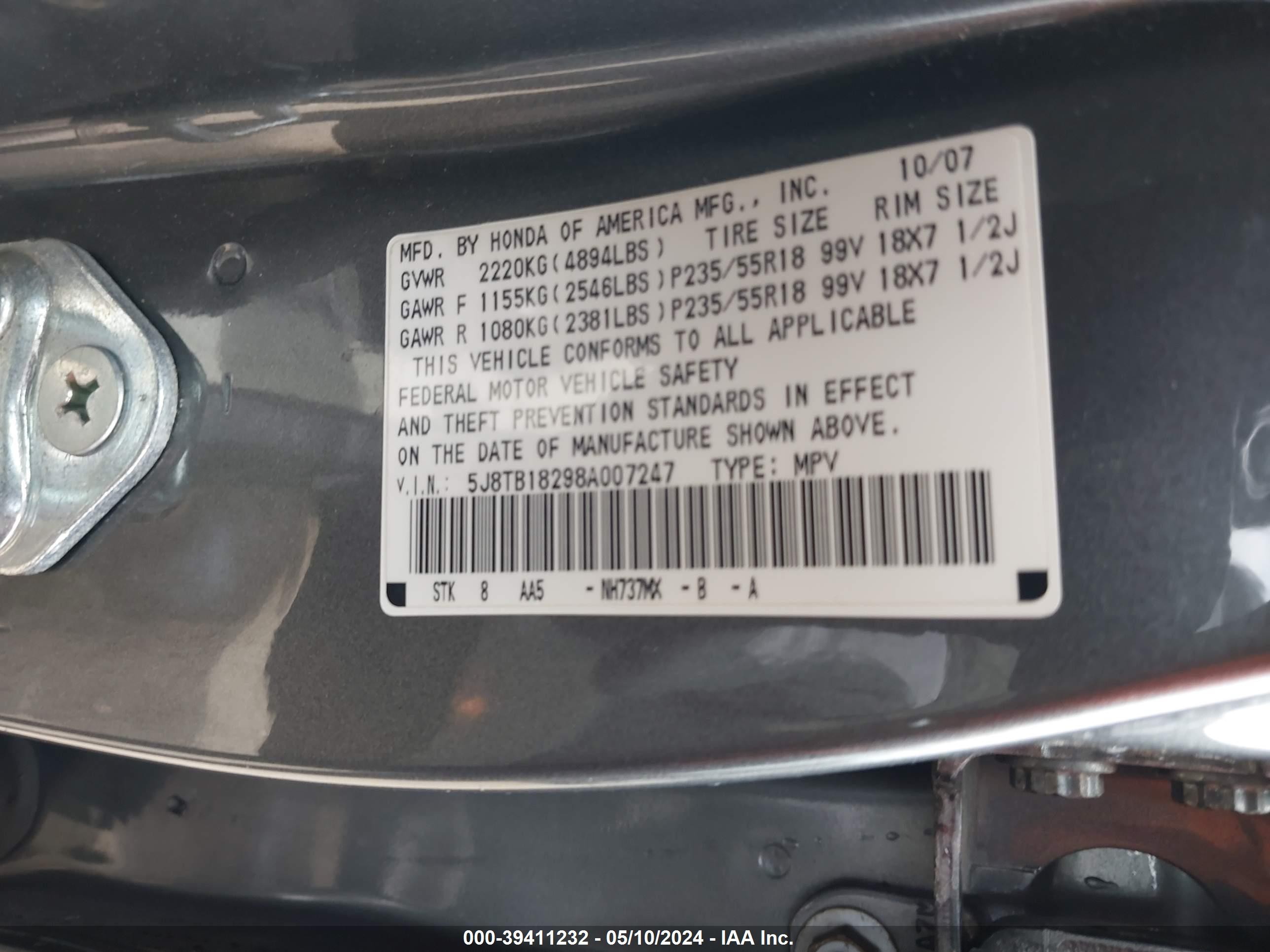 Photo 8 VIN: 5J8TB18298A007247 - ACURA RDX 