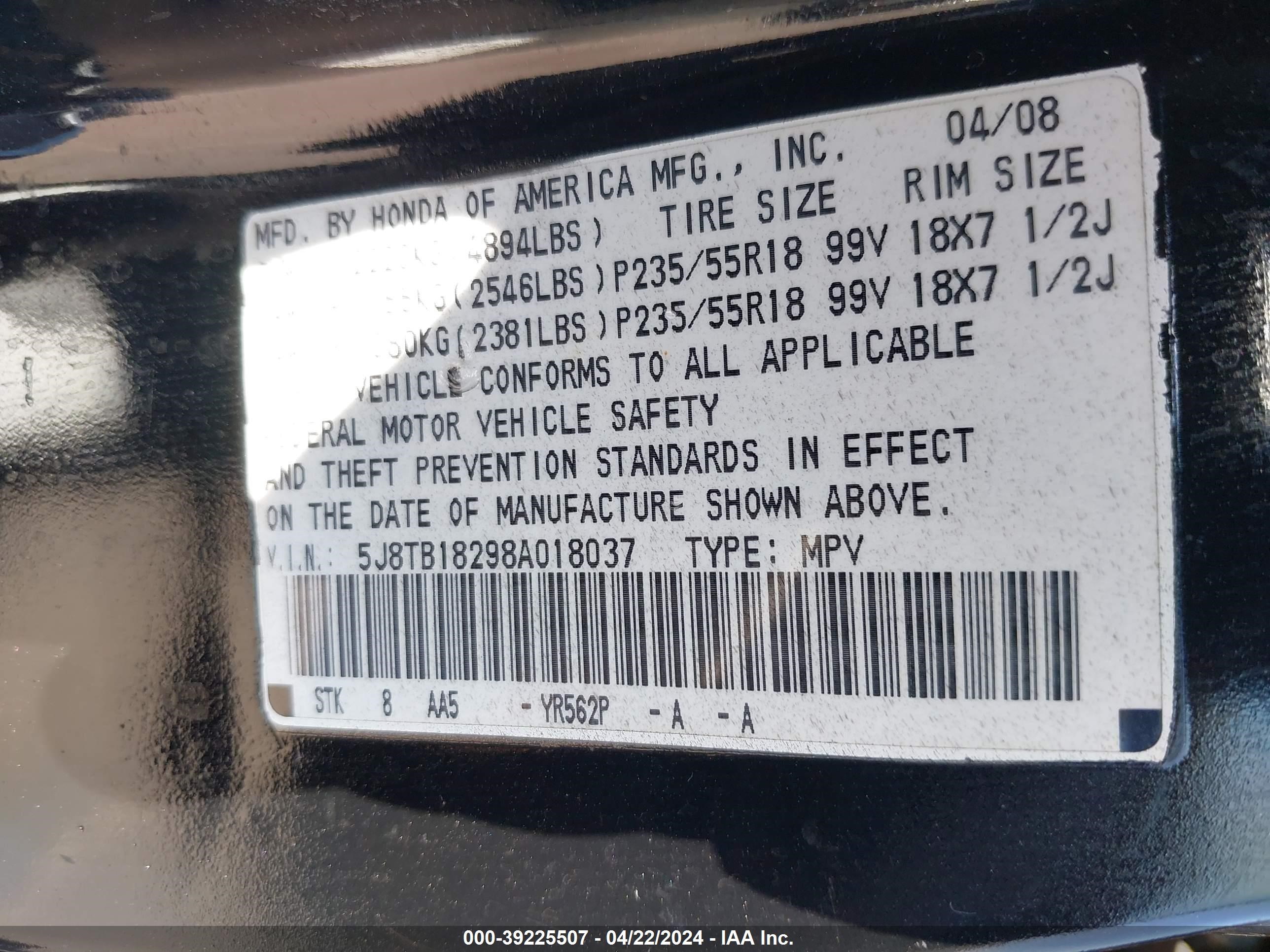 Photo 8 VIN: 5J8TB18298A018037 - ACURA RDX 