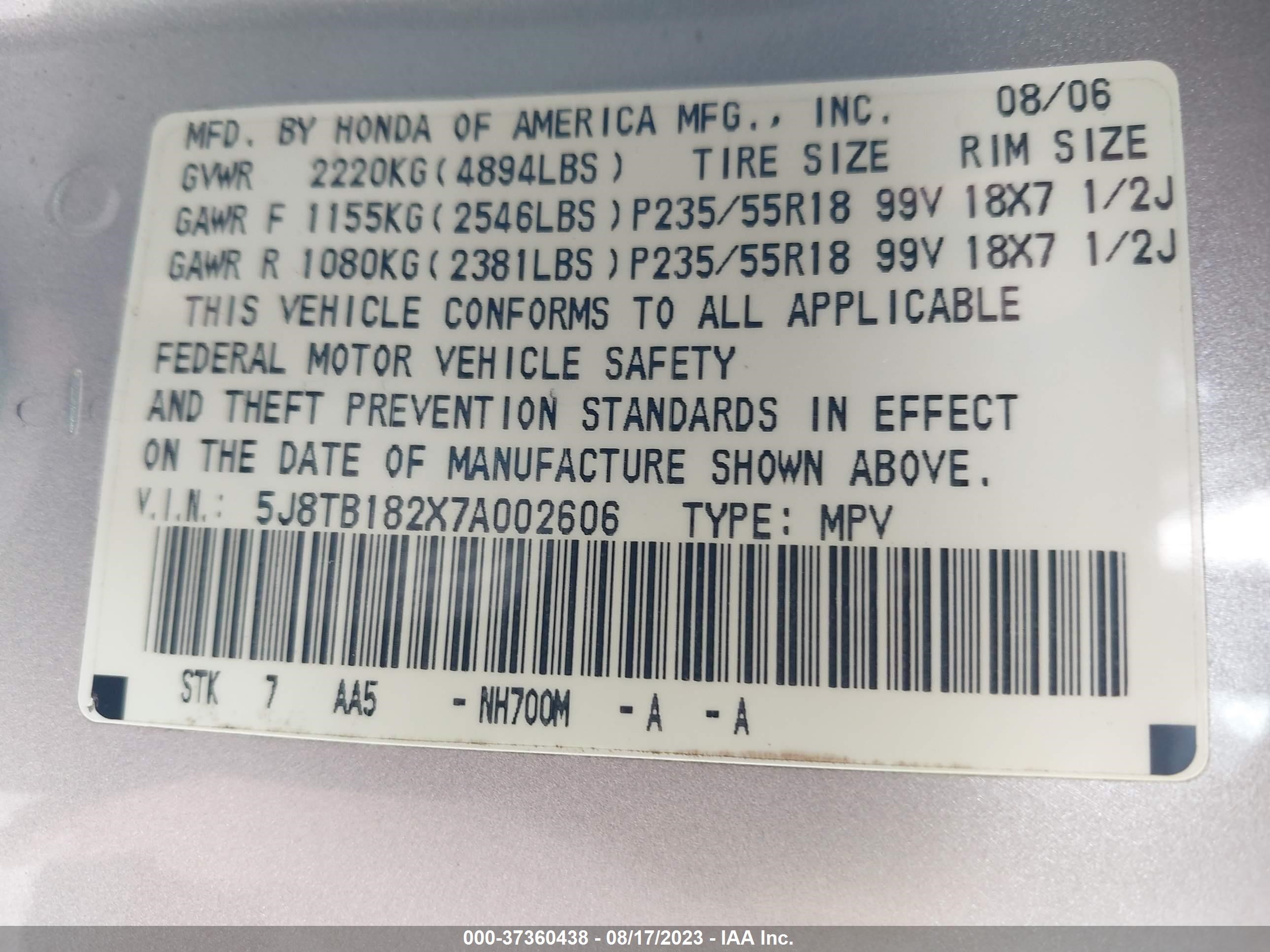 Photo 9 VIN: 5J8TB182X7A002606 - ACURA RDX 