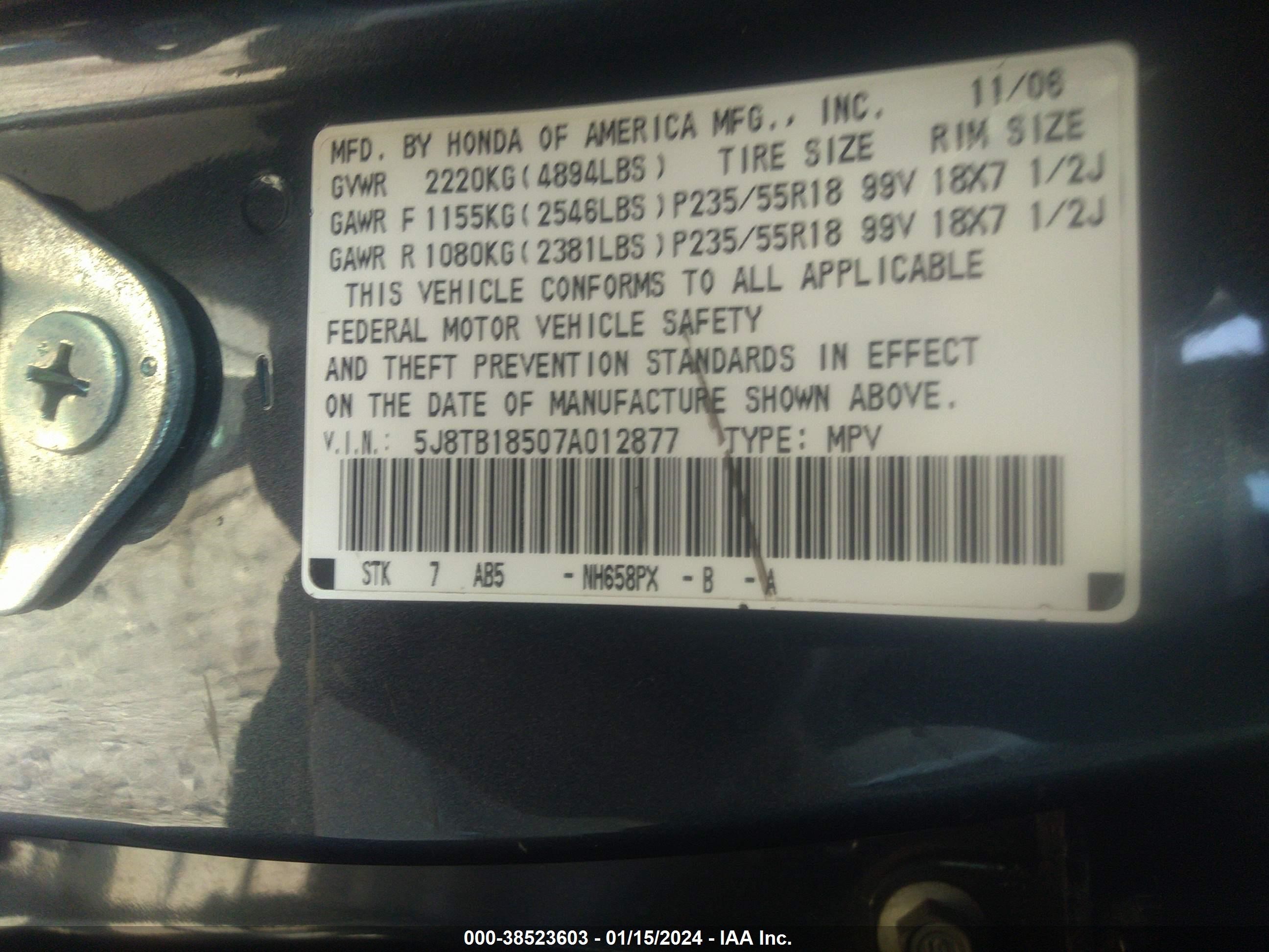 Photo 8 VIN: 5J8TB18507A012877 - ACURA RDX 