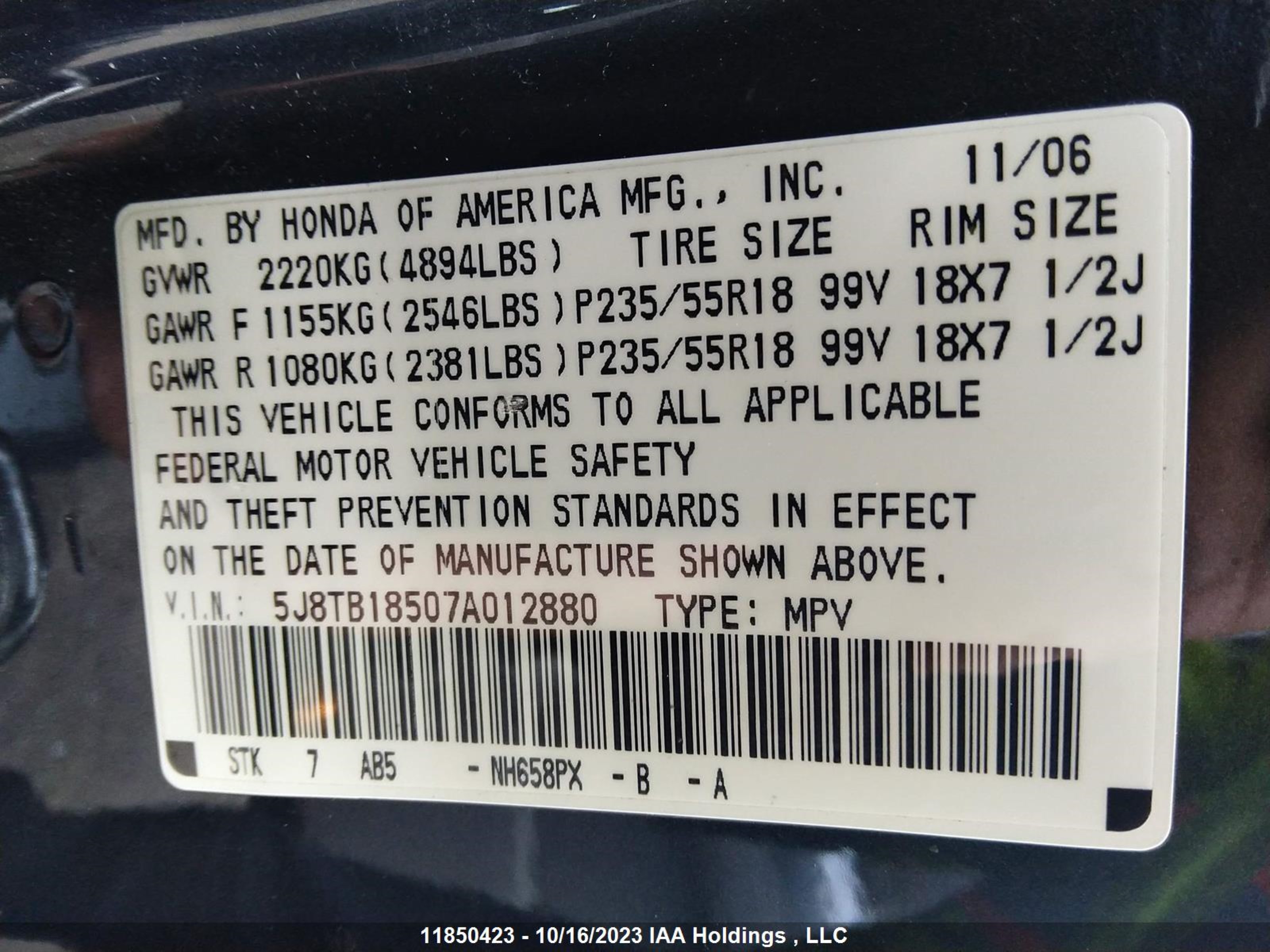 Photo 8 VIN: 5J8TB18507A012880 - ACURA RDX 