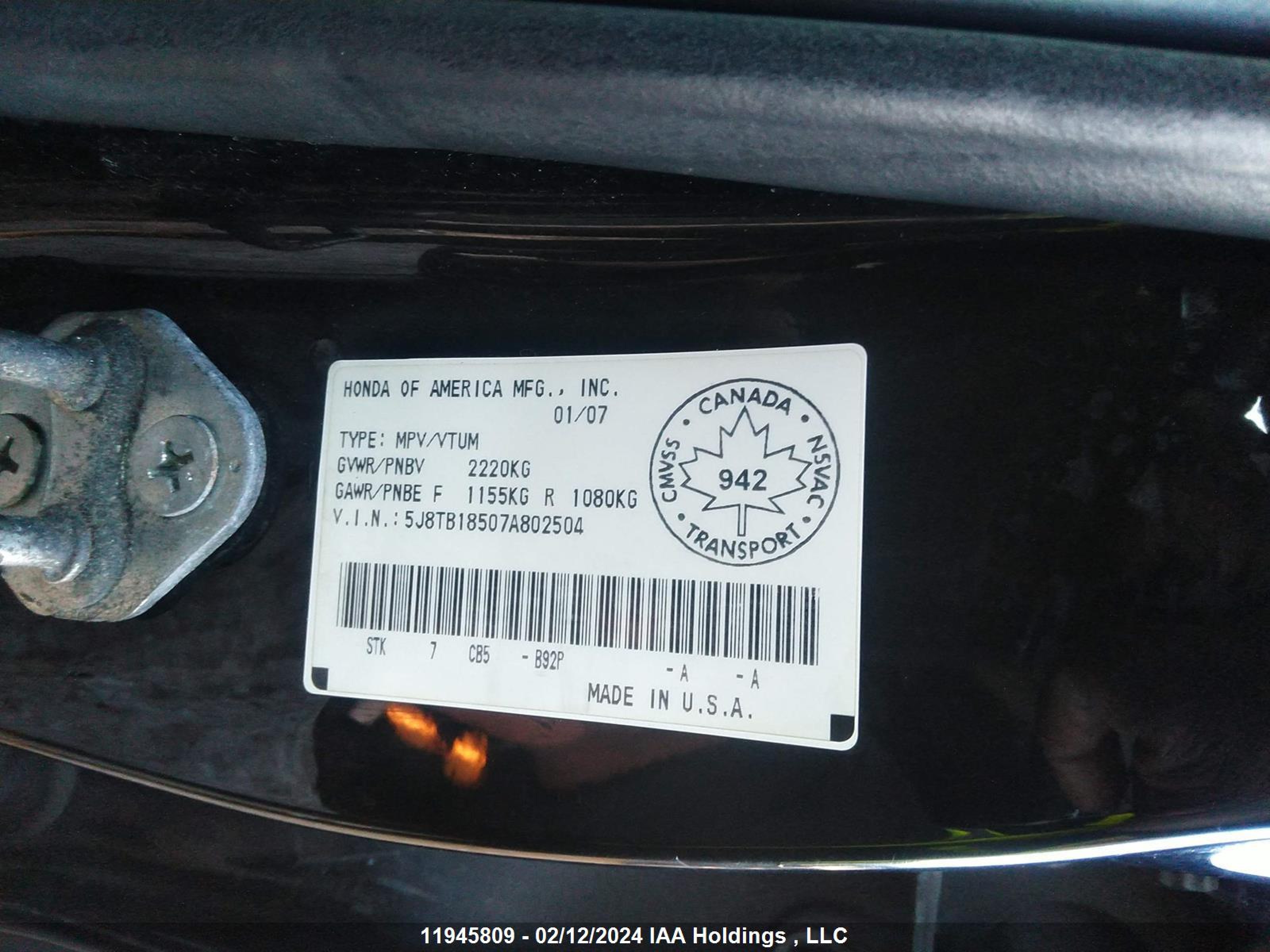 Photo 8 VIN: 5J8TB18507A802504 - ACURA RDX 