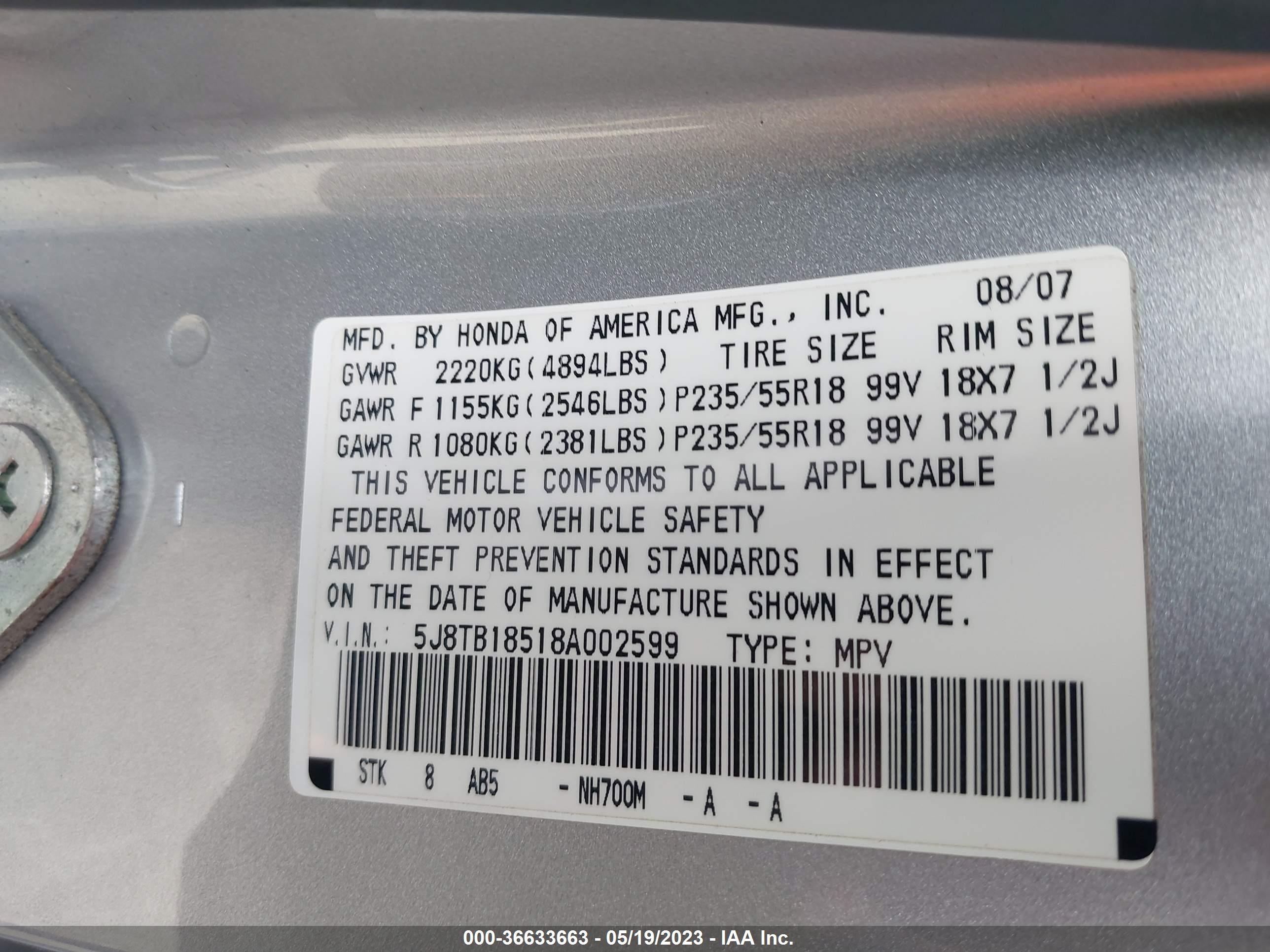 Photo 8 VIN: 5J8TB18518A002599 - ACURA RDX 