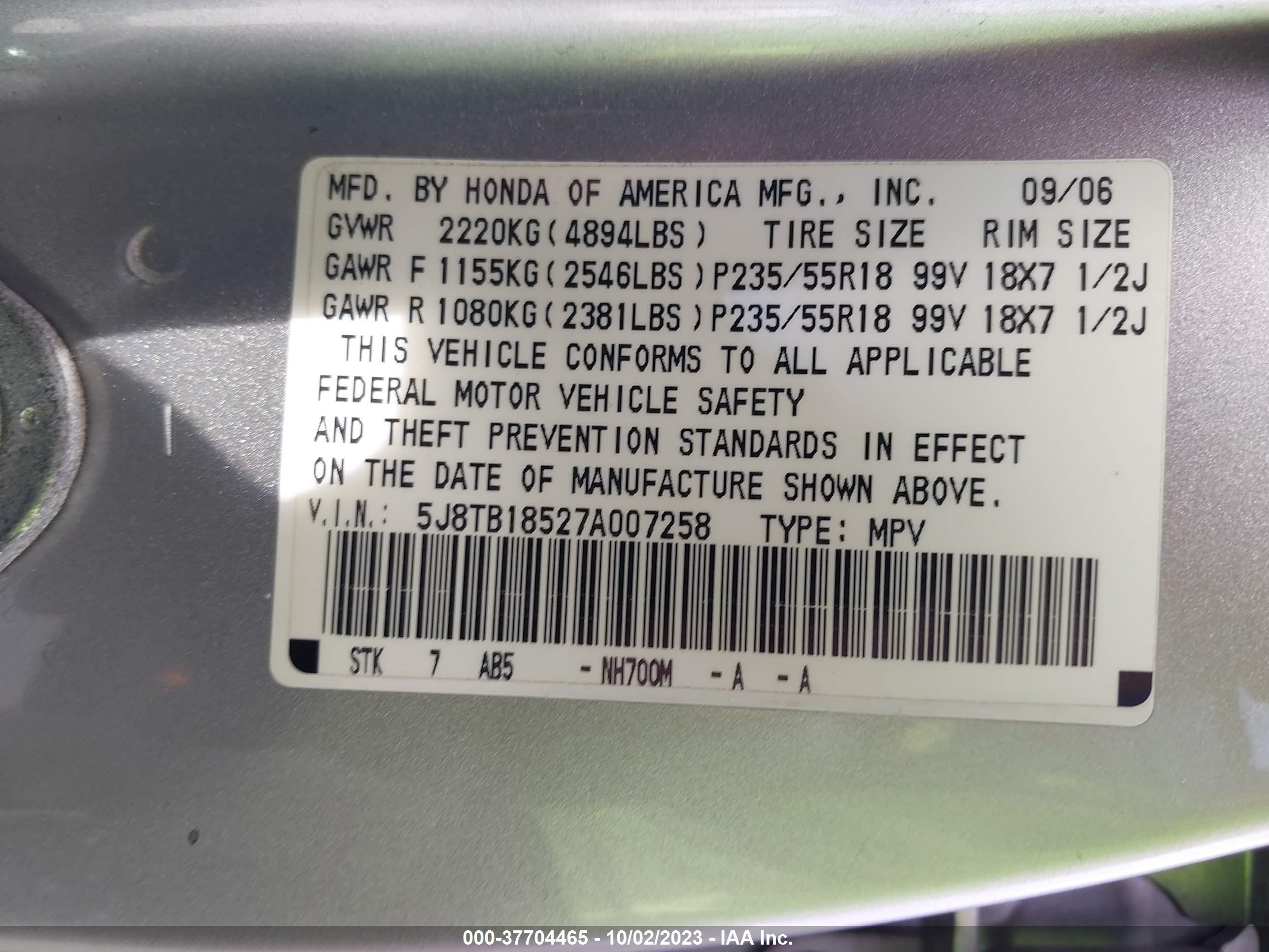 Photo 8 VIN: 5J8TB18527A007258 - ACURA RDX 