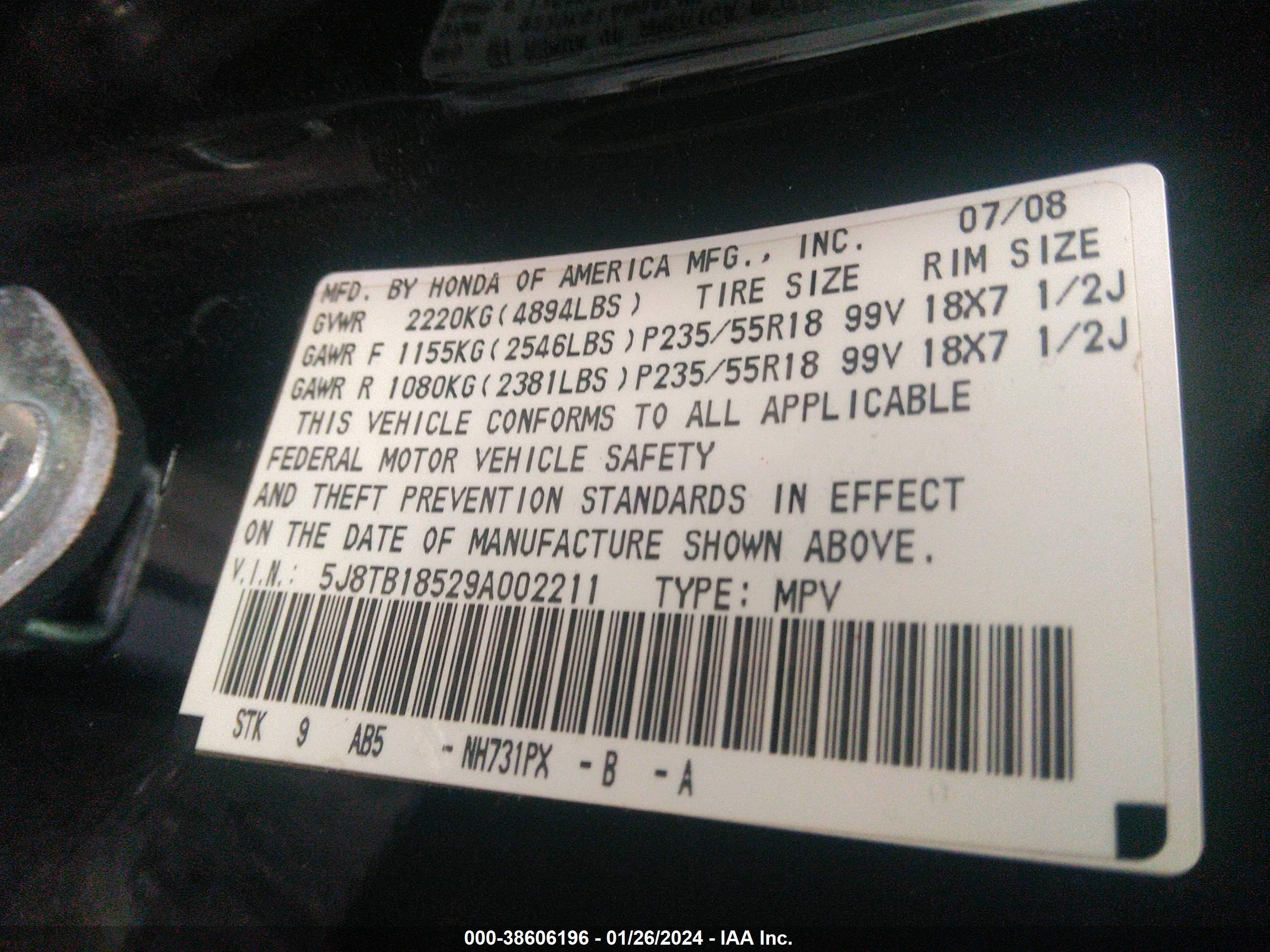 Photo 8 VIN: 5J8TB18529A002211 - ACURA RDX 