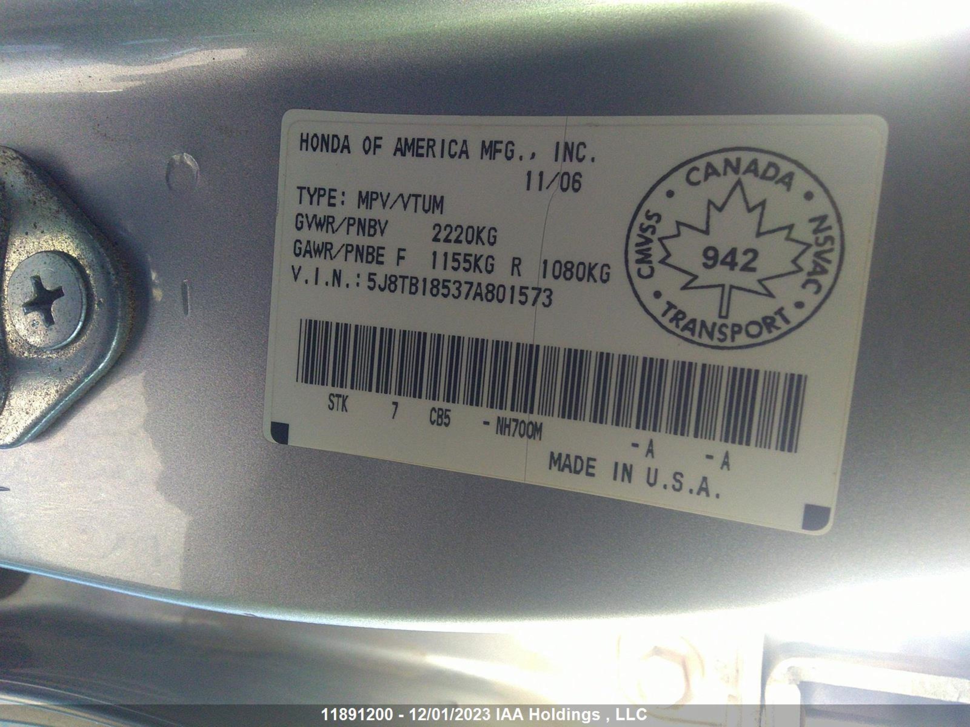 Photo 8 VIN: 5J8TB18537A801573 - ACURA RDX 