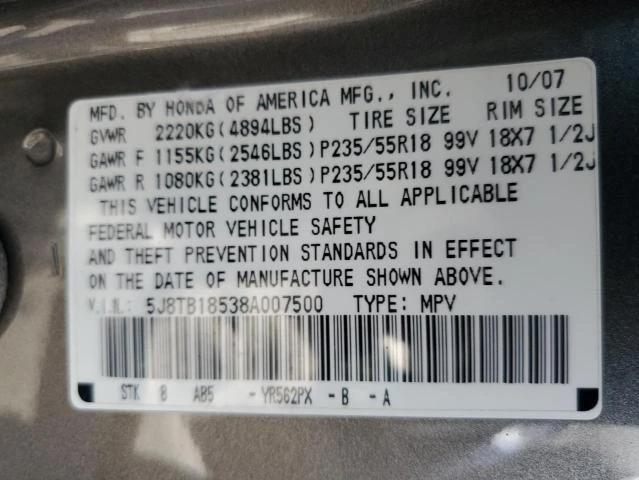 Photo 11 VIN: 5J8TB18538A007500 - ACURA RDX TECHNO 