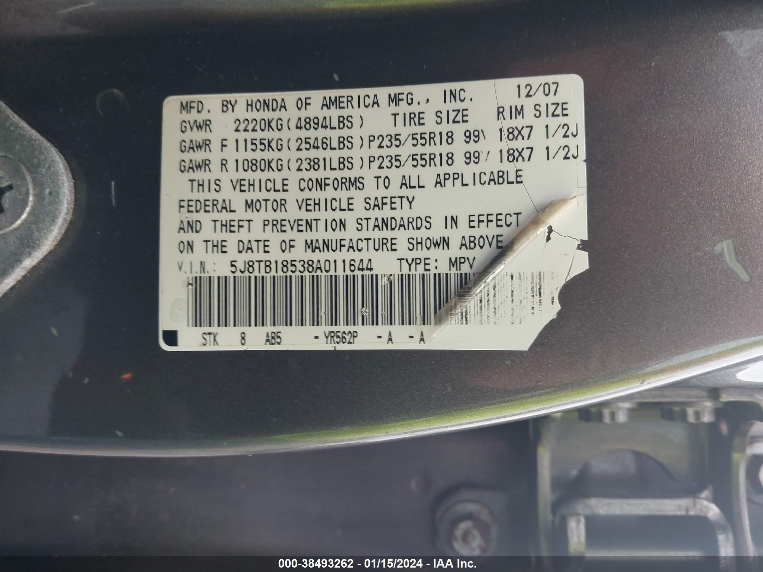 Photo 8 VIN: 5J8TB18538A011644 - ACURA RDX 