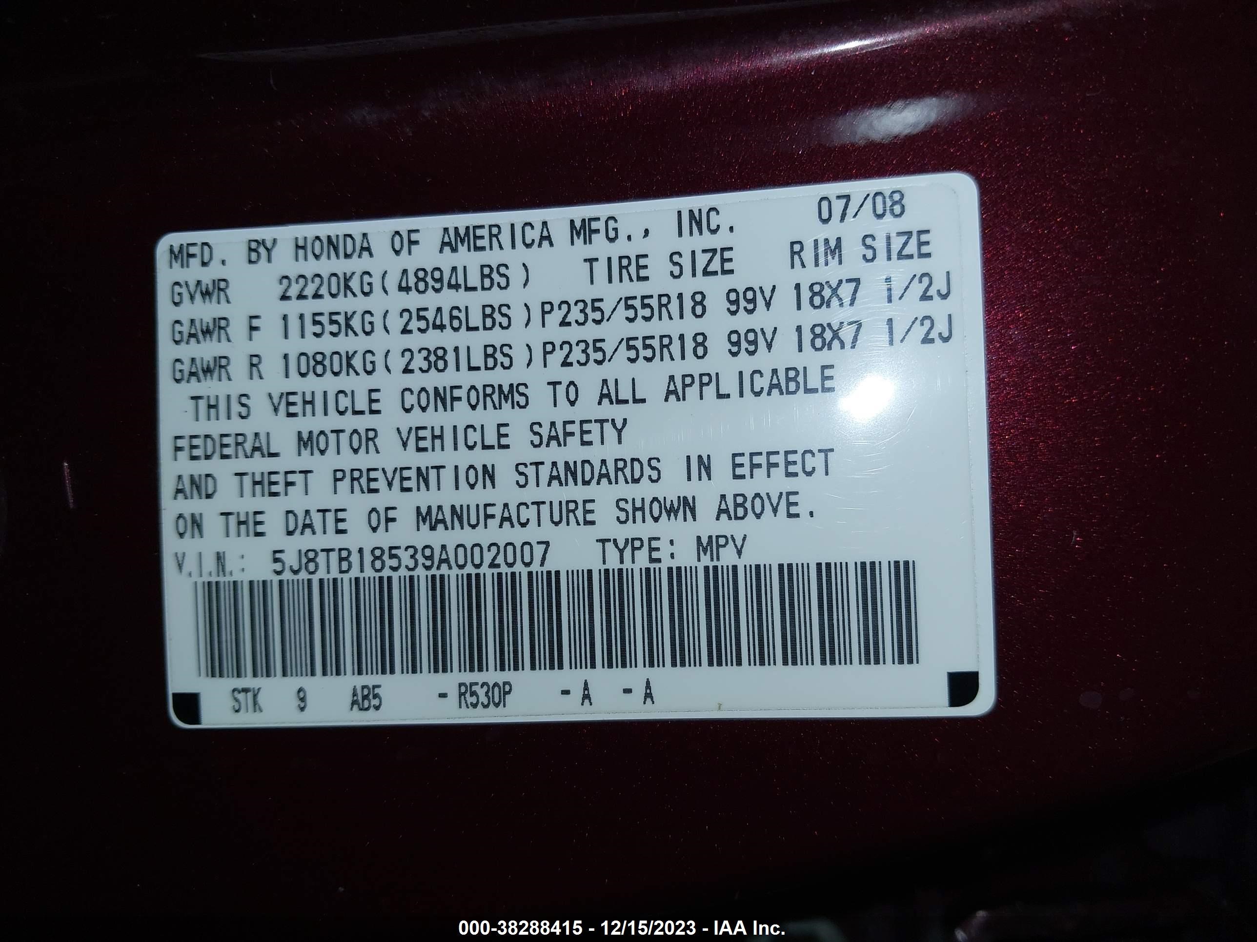 Photo 8 VIN: 5J8TB18539A002007 - ACURA RDX 