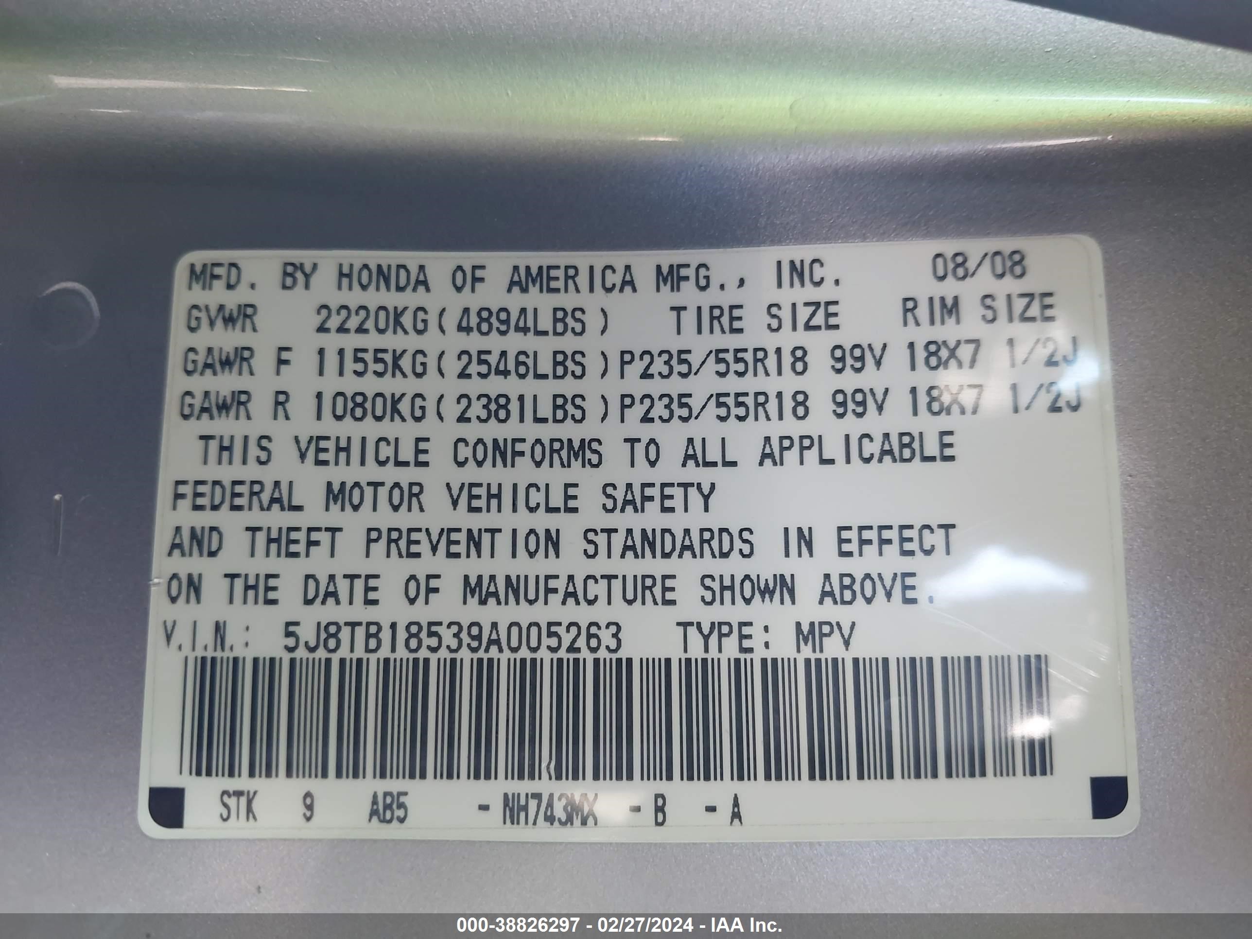 Photo 8 VIN: 5J8TB18539A005263 - ACURA RDX 