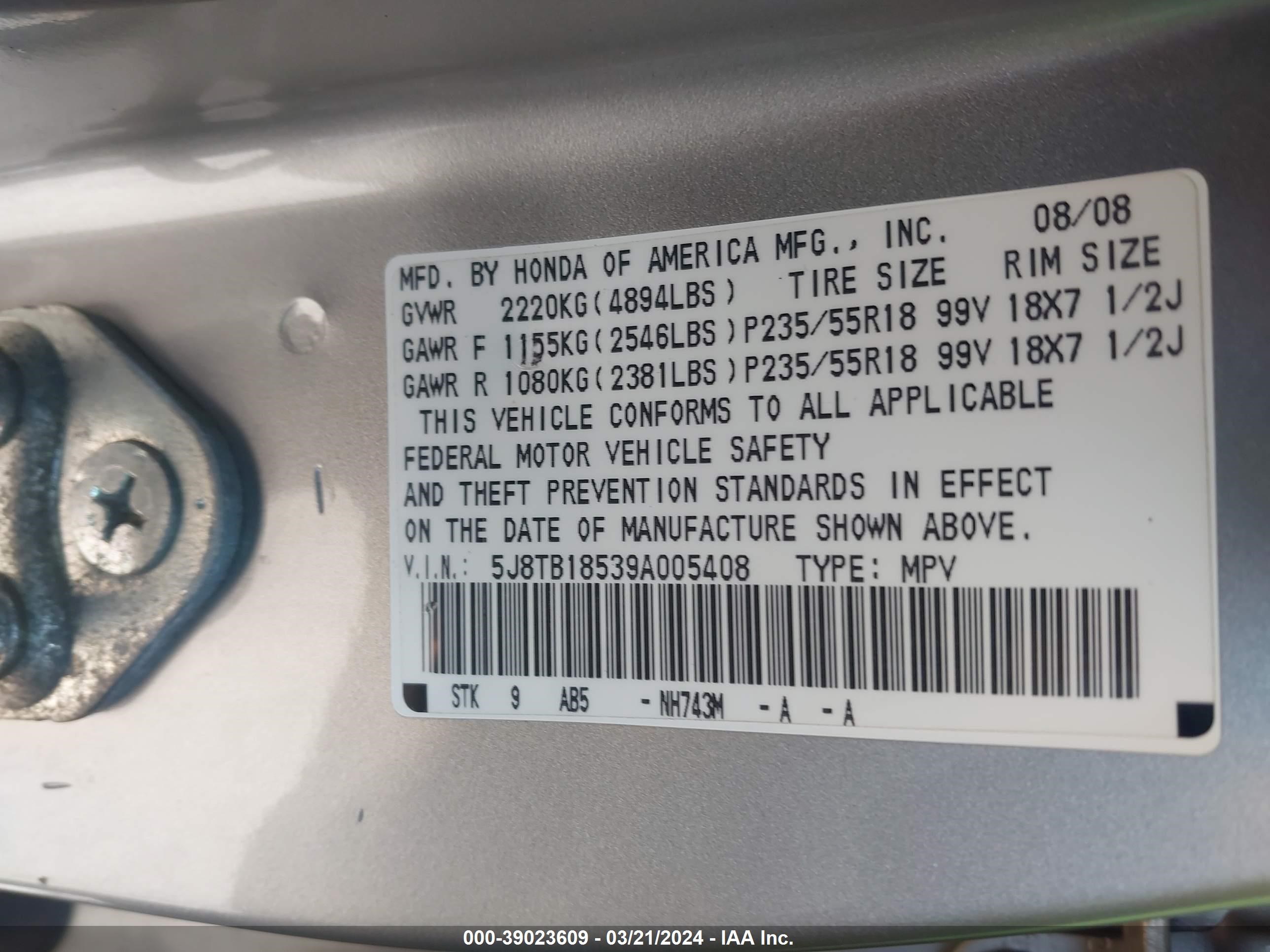 Photo 8 VIN: 5J8TB18539A005408 - ACURA RDX 