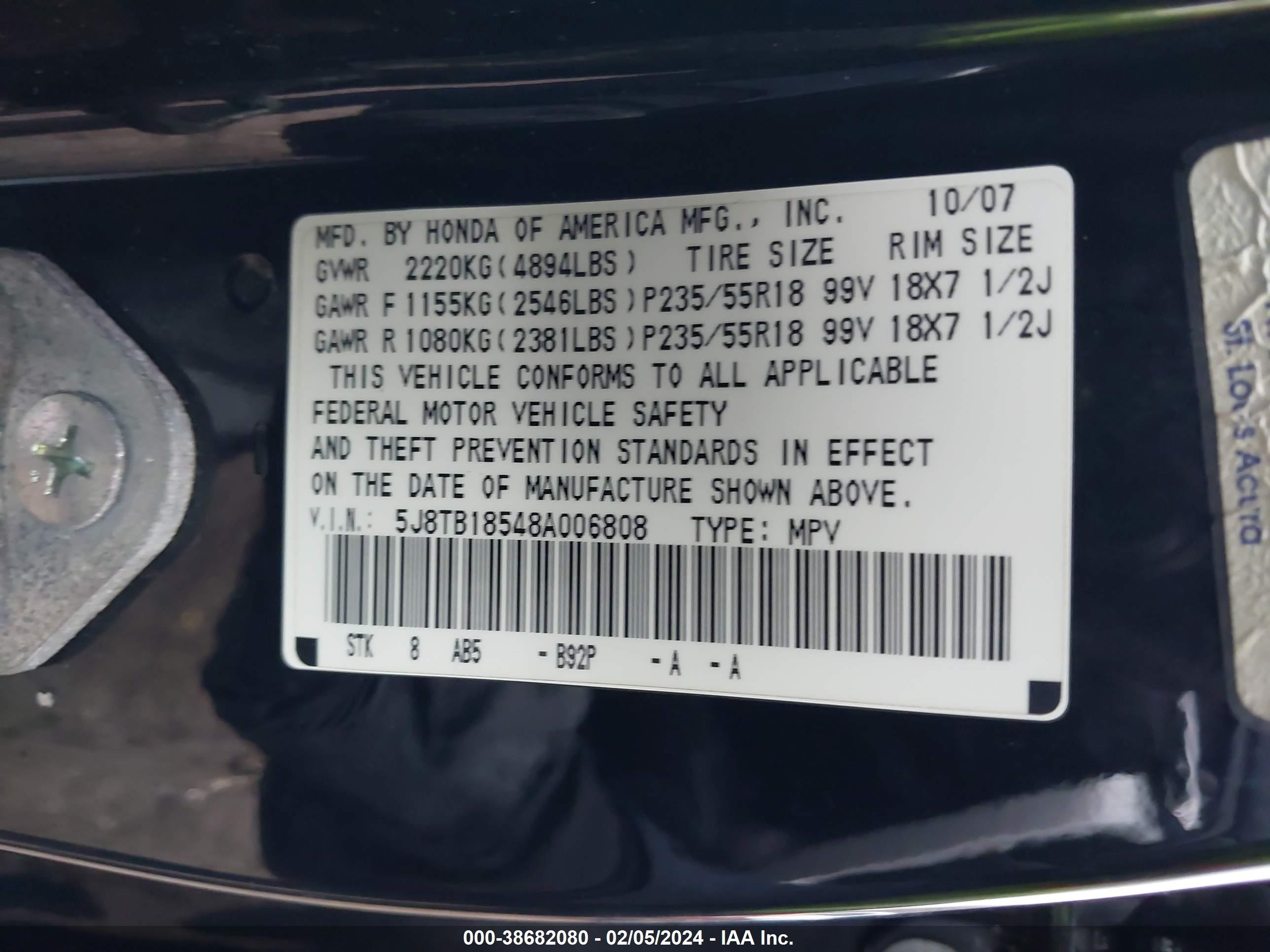 Photo 8 VIN: 5J8TB18548A006808 - ACURA RDX 