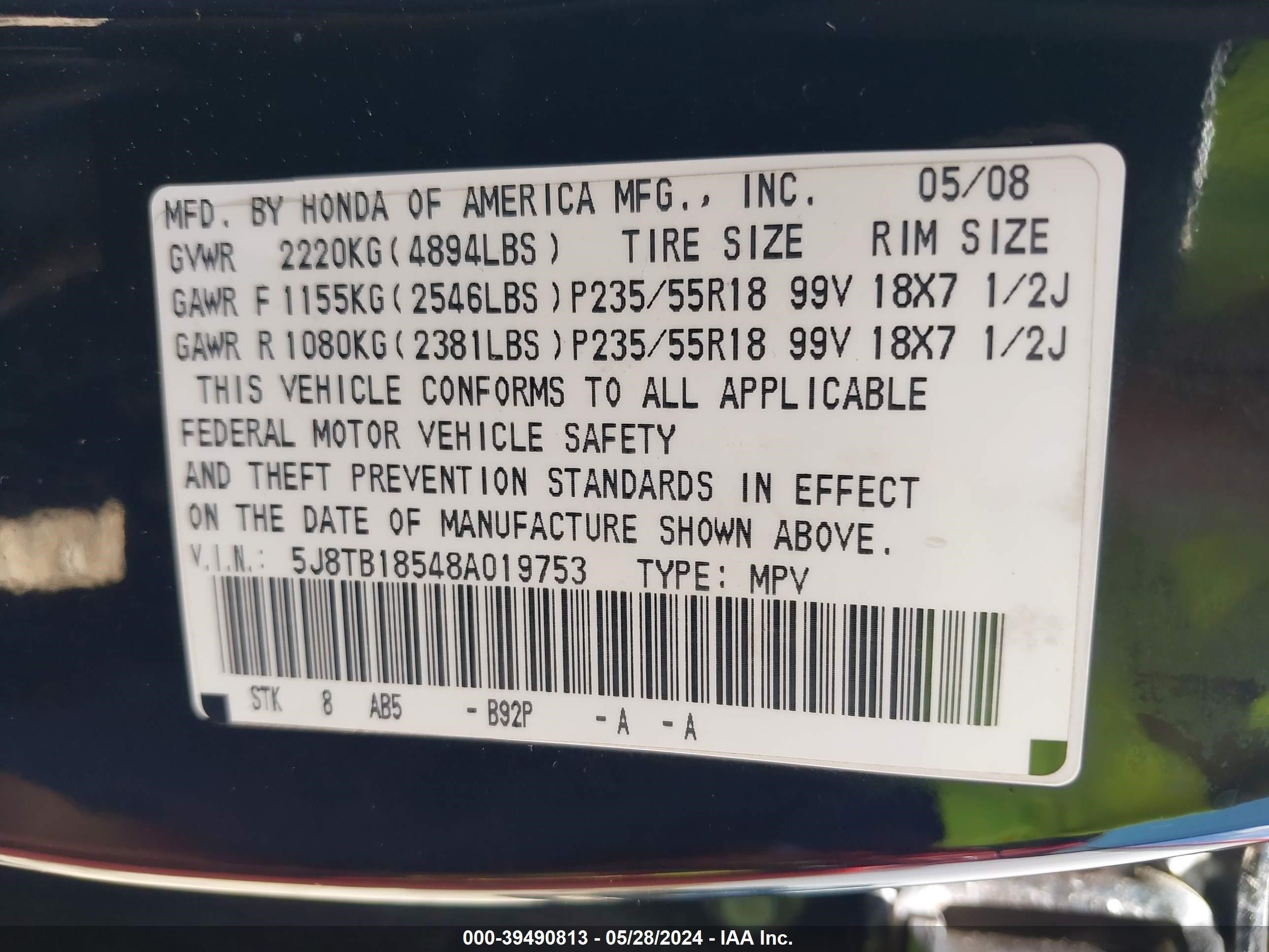 Photo 8 VIN: 5J8TB18548A019753 - ACURA RDX 