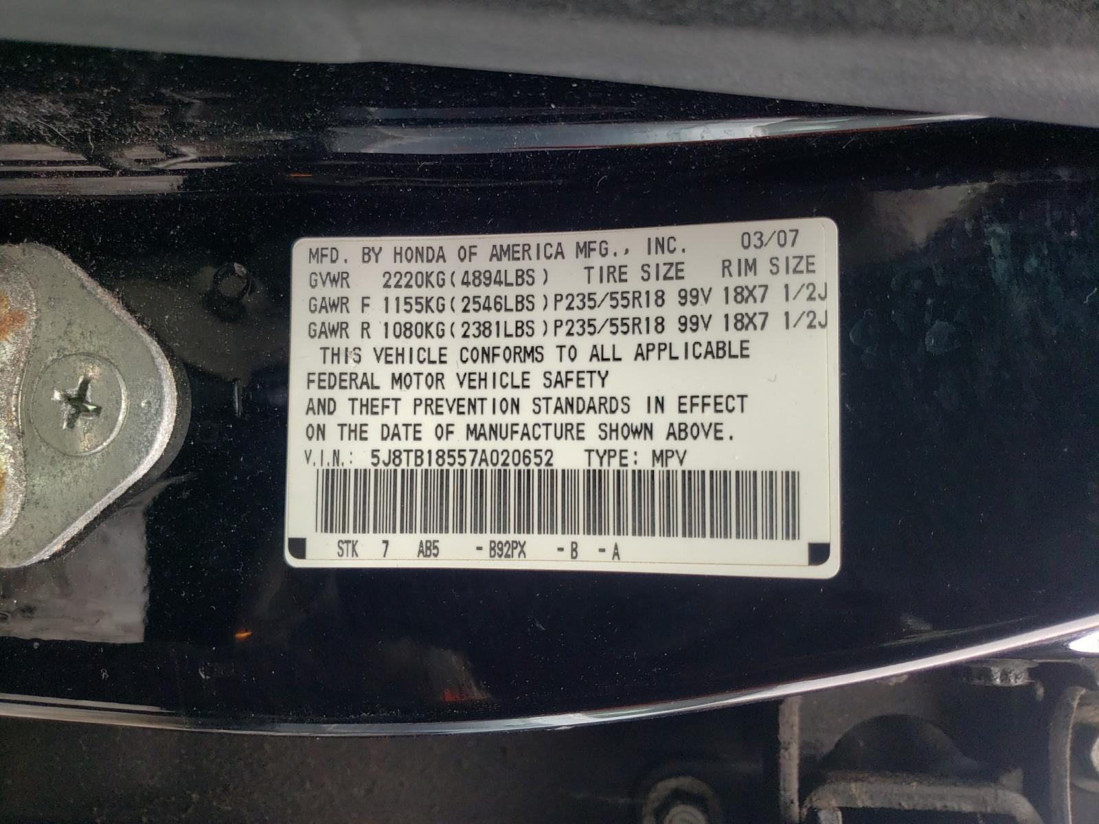 Photo 9 VIN: 5J8TB18557A020652 - ACURA RDX 