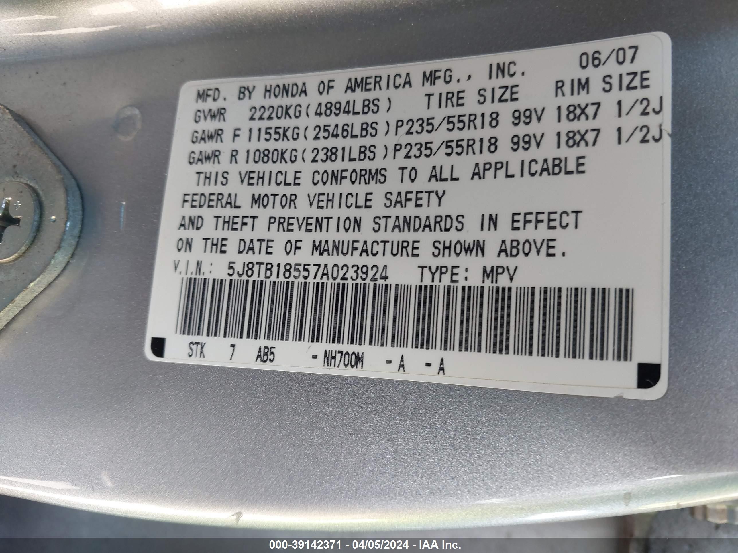 Photo 8 VIN: 5J8TB18557A023924 - ACURA RDX 