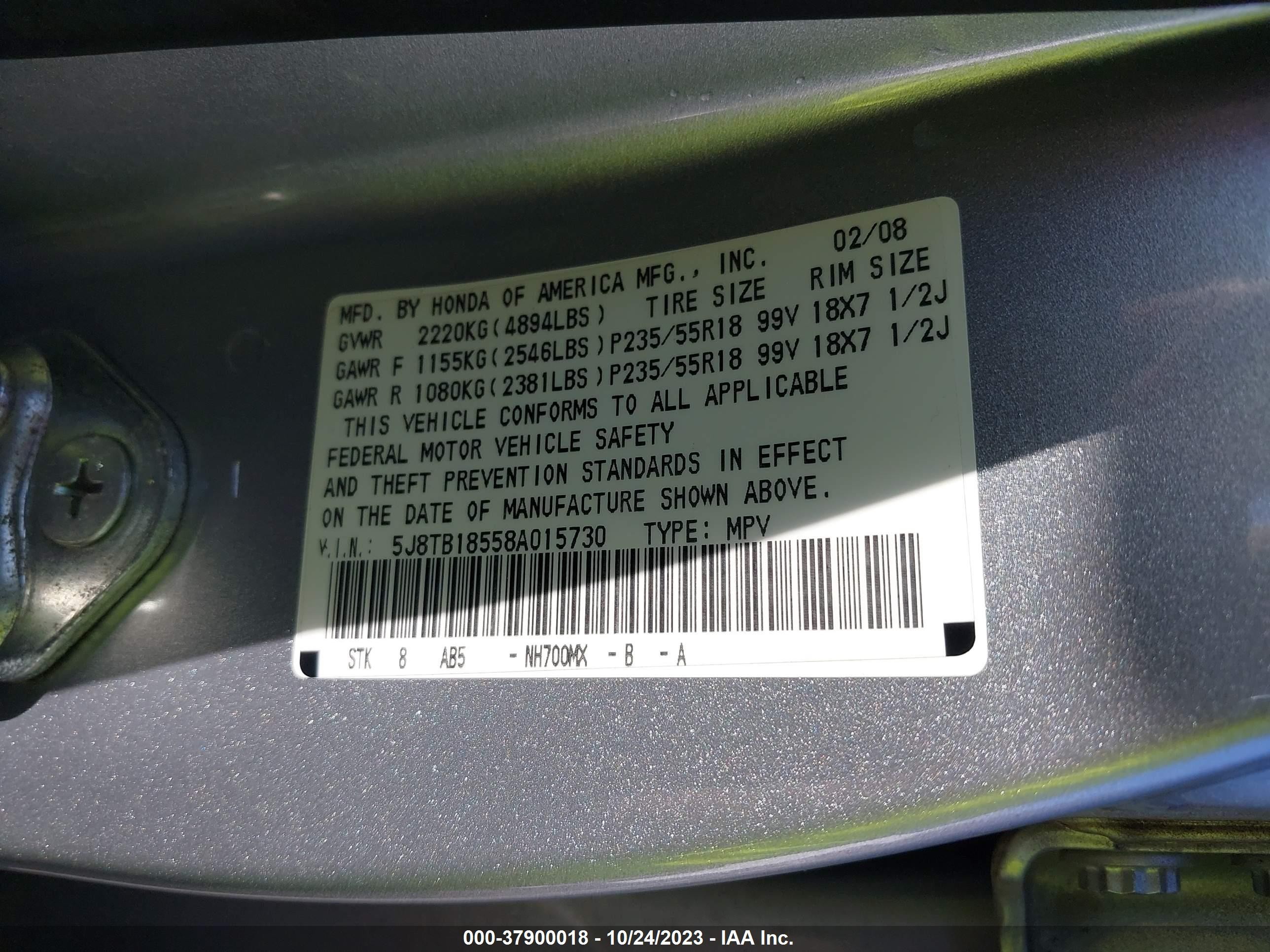 Photo 8 VIN: 5J8TB18558A015730 - ACURA RDX 