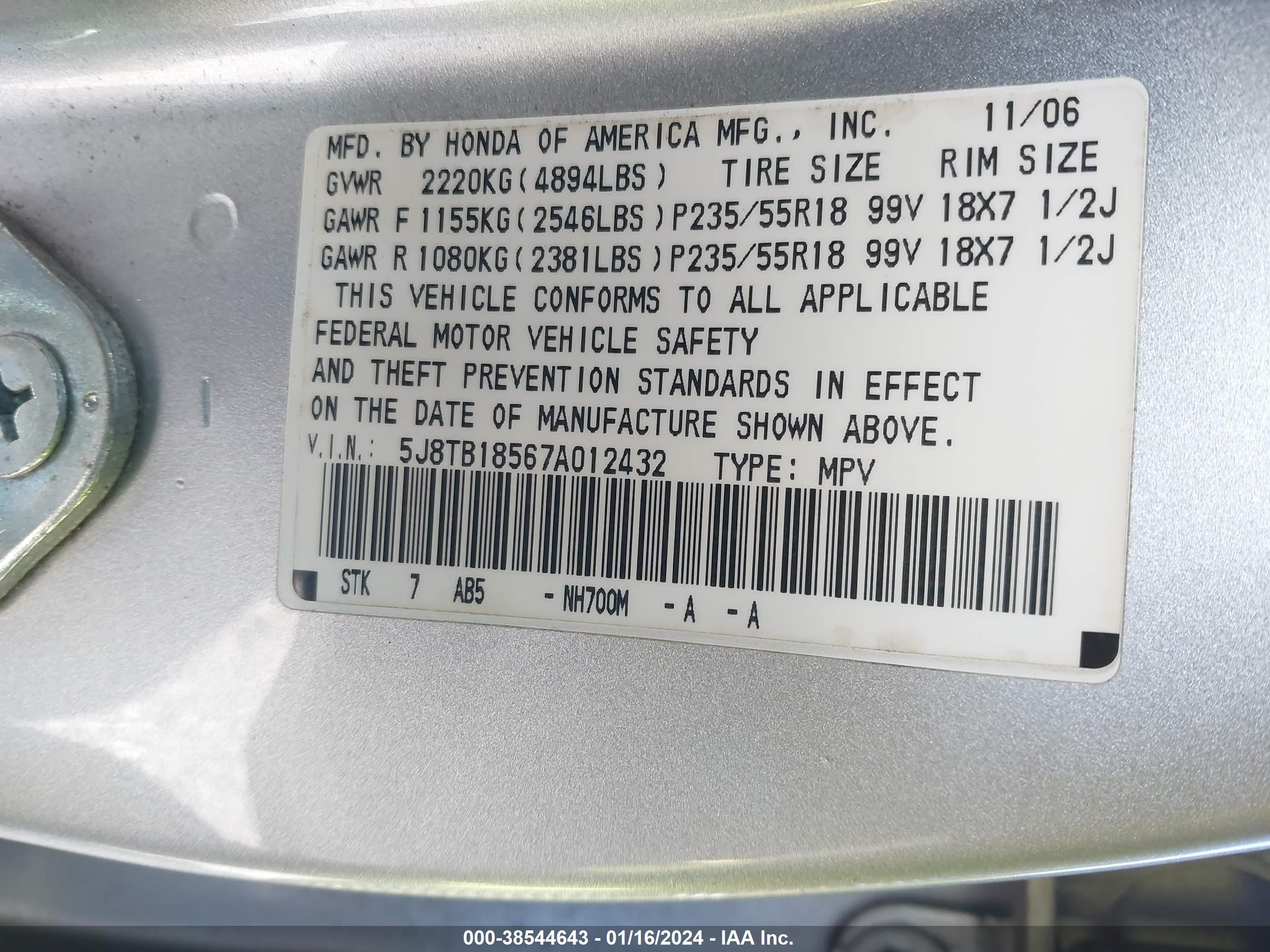 Photo 8 VIN: 5J8TB18567A012432 - ACURA RDX 