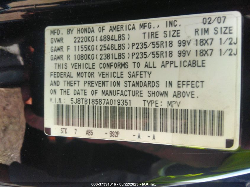 Photo 8 VIN: 5J8TB18587A019351 - ACURA RDX 