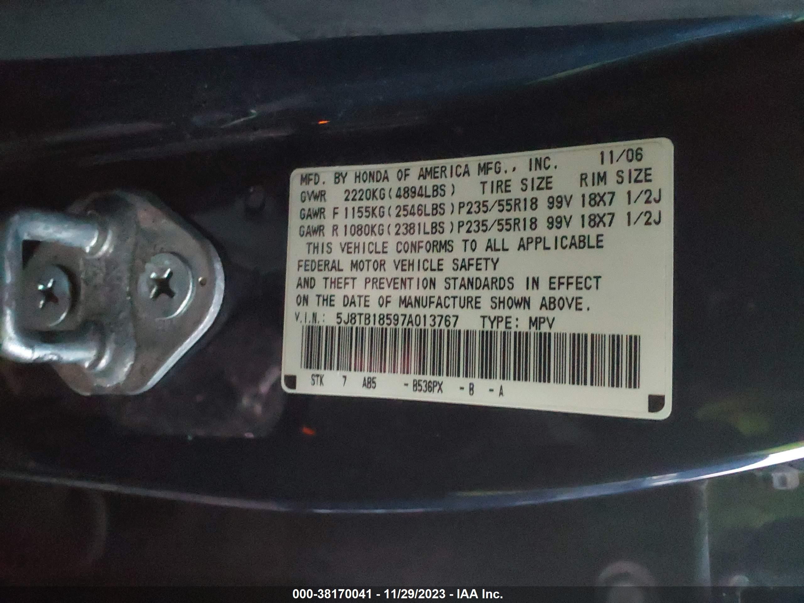 Photo 8 VIN: 5J8TB18597A013767 - ACURA RDX 