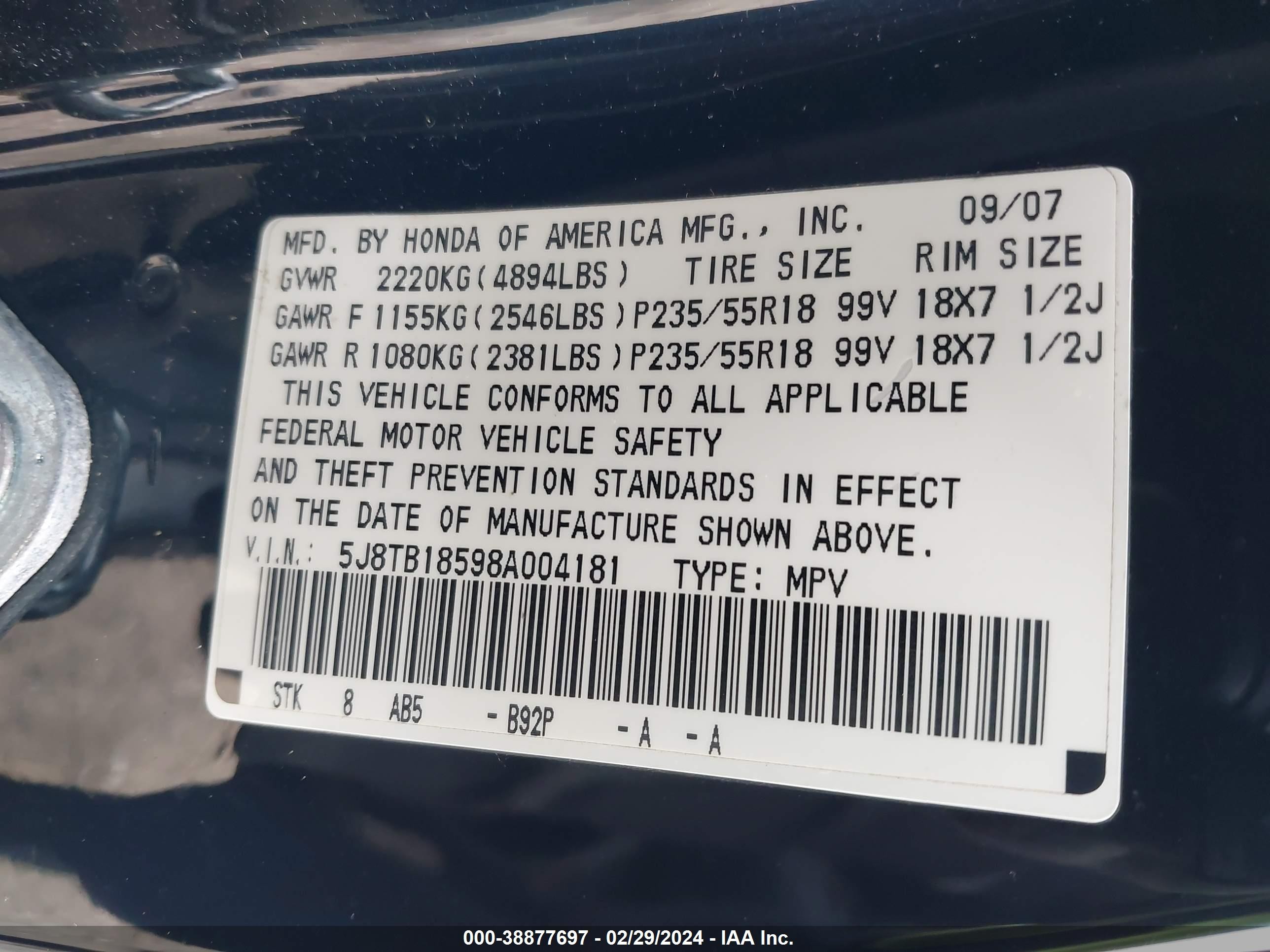 Photo 8 VIN: 5J8TB18598A004181 - ACURA RDX 