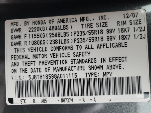 Photo 9 VIN: 5J8TB18598A011115 - ACURA RDX TECHNO 