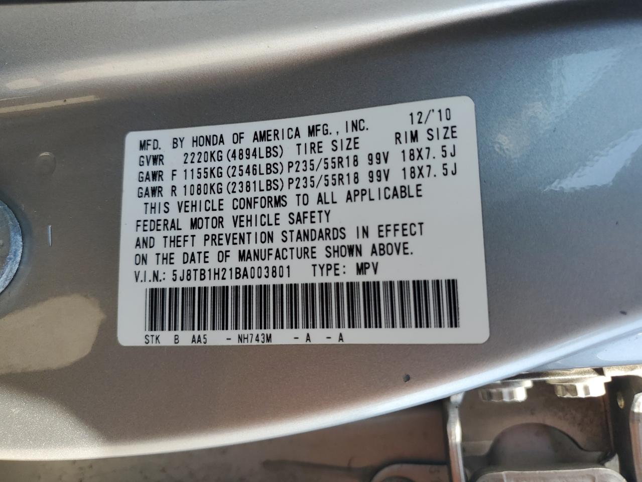 Photo 11 VIN: 5J8TB1H21BA003801 - ACURA RDX 