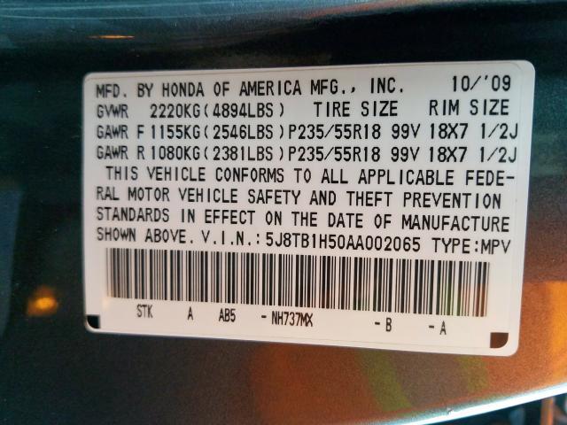 Photo 9 VIN: 5J8TB1H50AA002065 - ACURA RDX TECHNO 