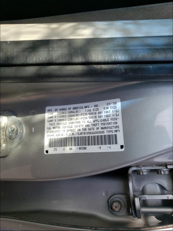 Photo 9 VIN: 5J8TB1H56AA000045 - ACURA RDX TECHNO 