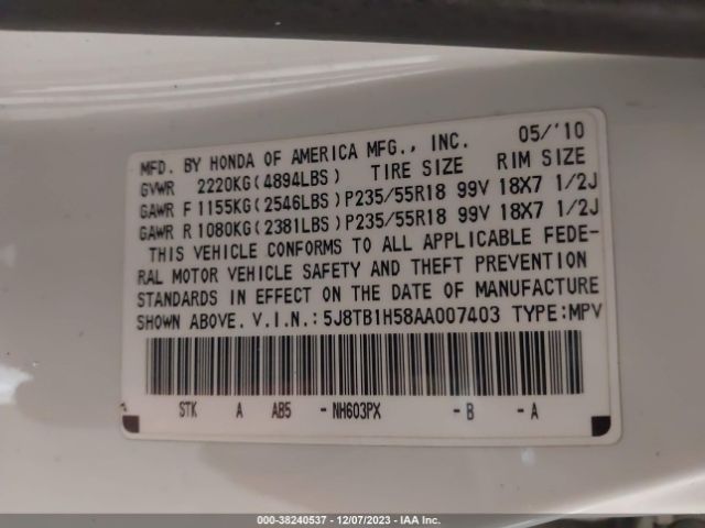 Photo 8 VIN: 5J8TB1H58AA007403 - ACURA RDX 