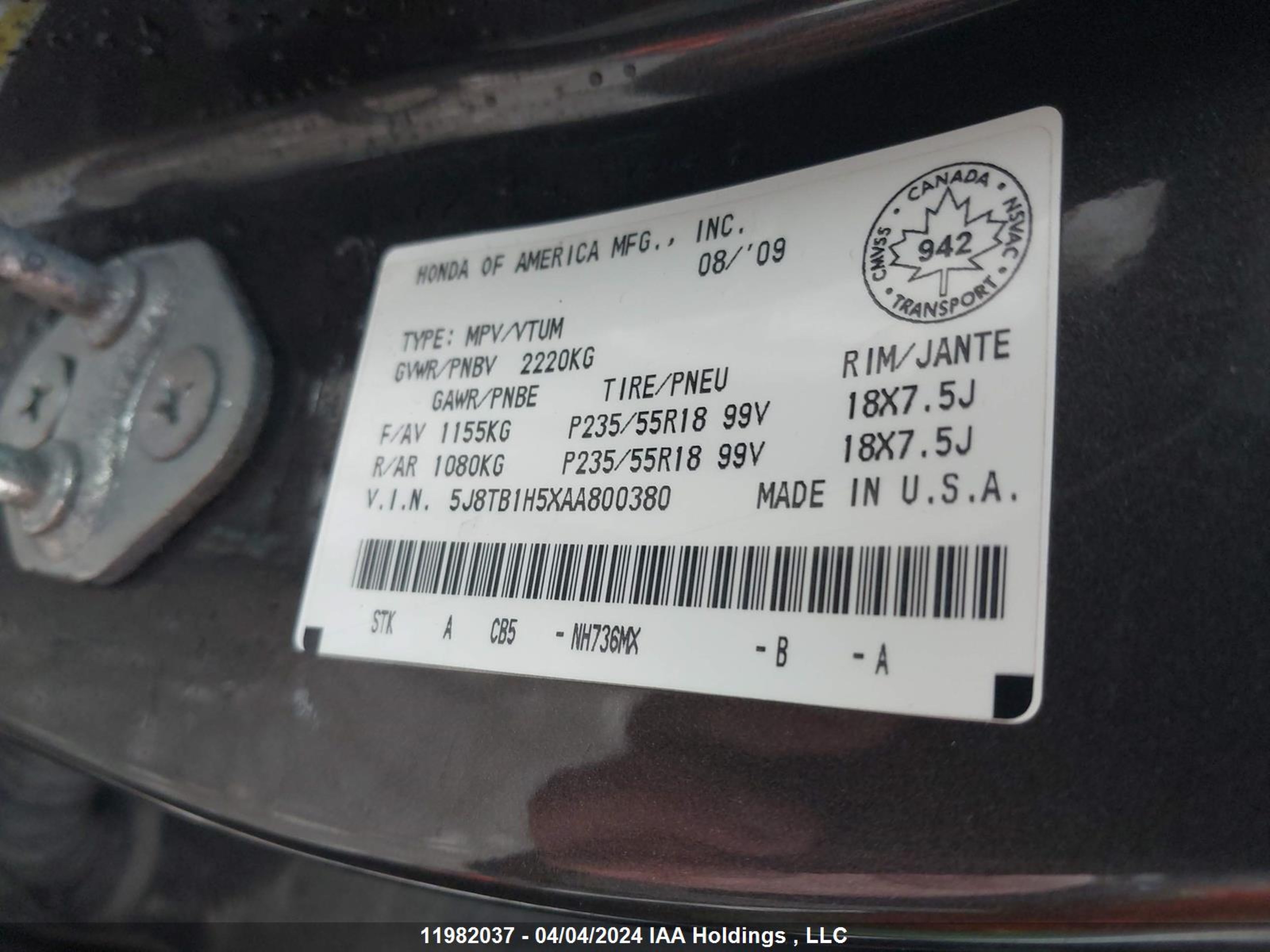 Photo 8 VIN: 5J8TB1H5XAA800380 - ACURA RDX 