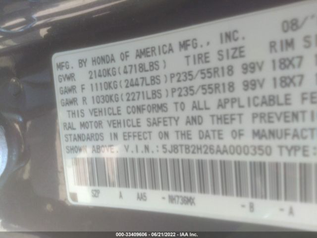 Photo 8 VIN: 5J8TB2H26AA000350 - ACURA RDX 