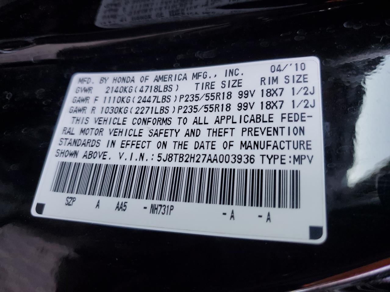 Photo 12 VIN: 5J8TB2H27AA003936 - ACURA RDX 