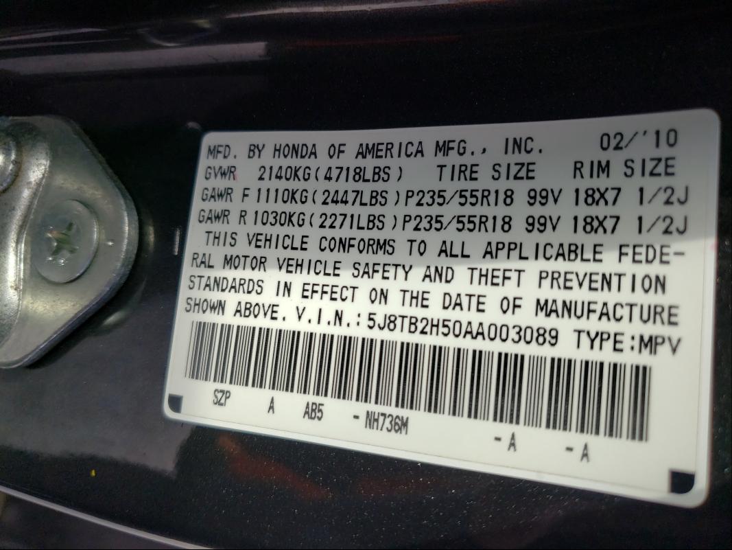 Photo 9 VIN: 5J8TB2H50AA003089 - ACURA RDX TECHNO 