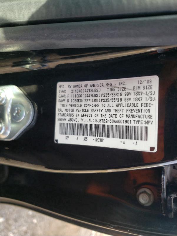 Photo 9 VIN: 5J8TB2H58AA001901 - ACURA RDX TECHNO 