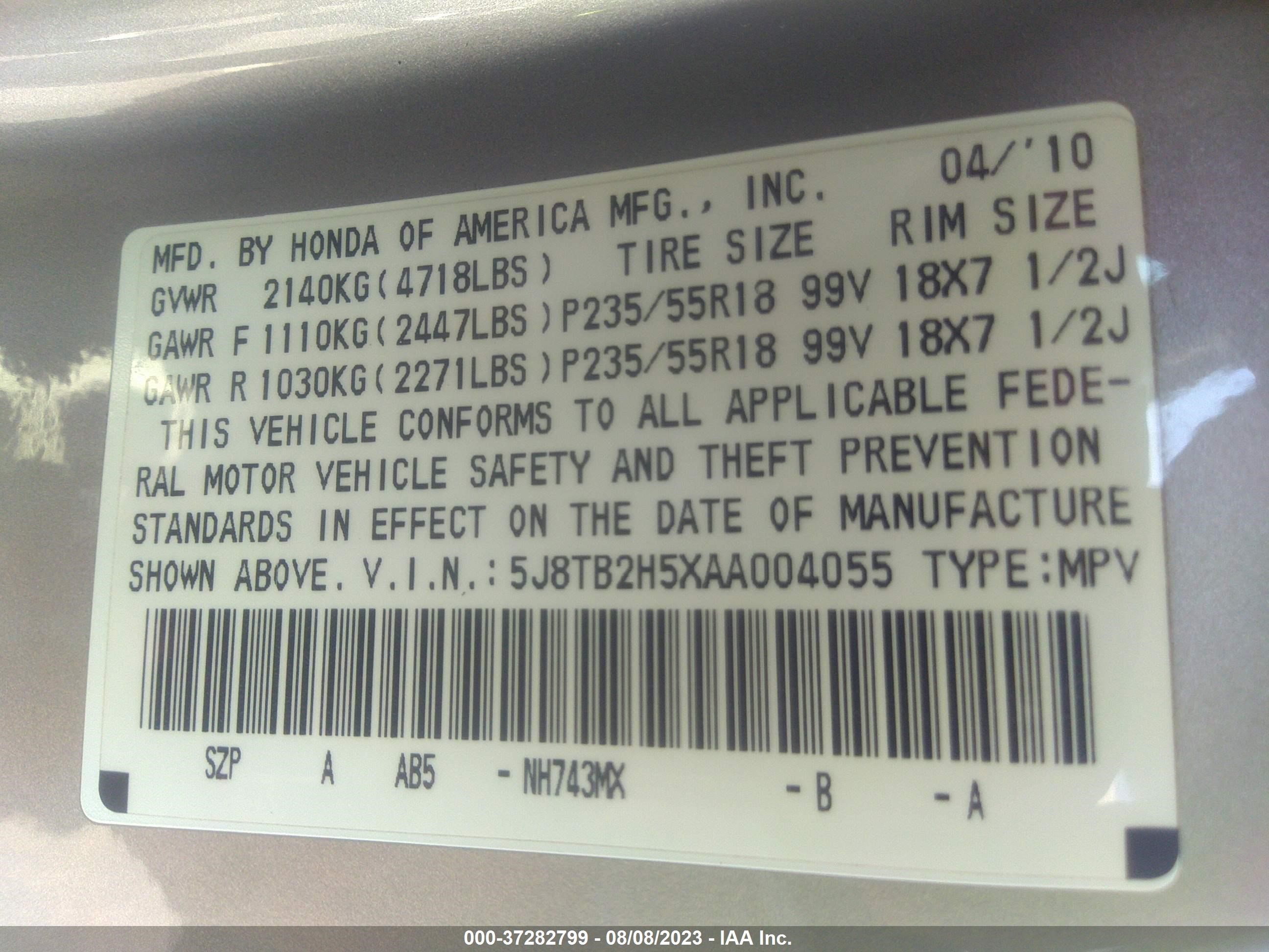 Photo 8 VIN: 5J8TB2H5XAA004055 - ACURA RDX 