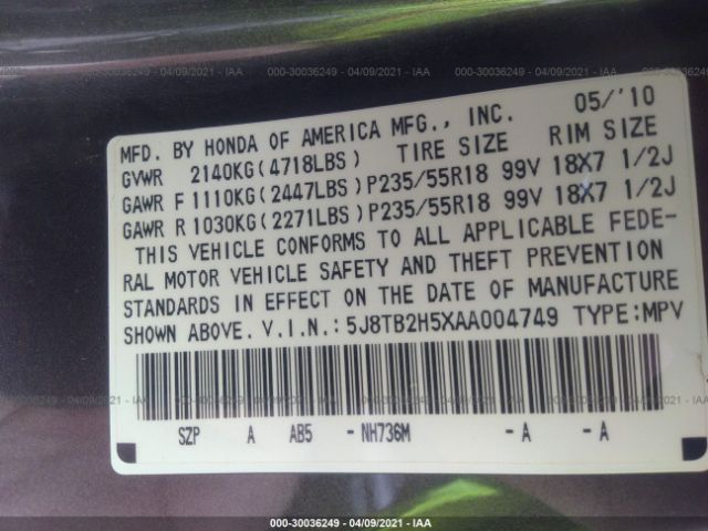 Photo 8 VIN: 5J8TB2H5XAA004749 - ACURA RDX 