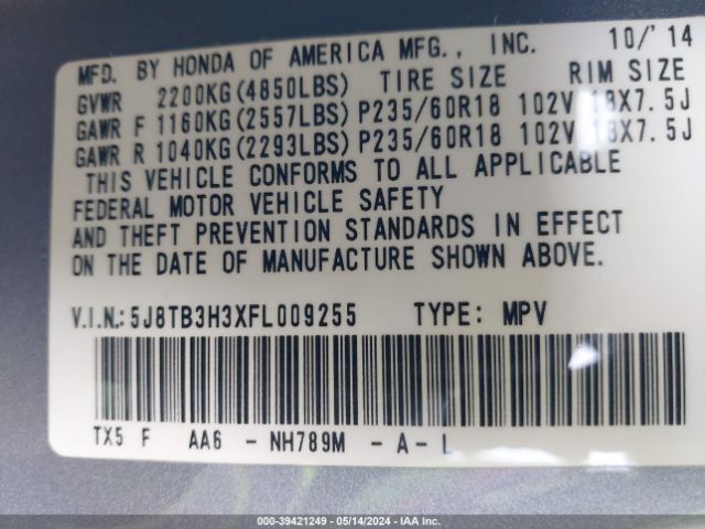 Photo 8 VIN: 5J8TB3H3XFL009255 - ACURA RDX 