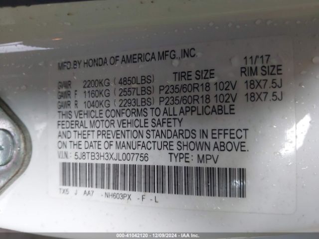 Photo 8 VIN: 5J8TB3H3XJL007756 - ACURA RDX 