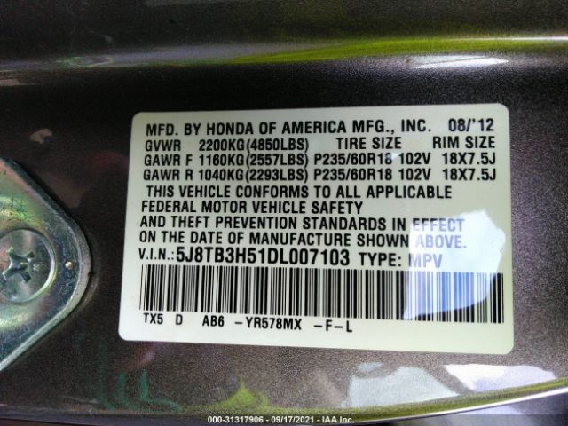 Photo 8 VIN: 5J8TB3H51DL007103 - ACURA RDX 