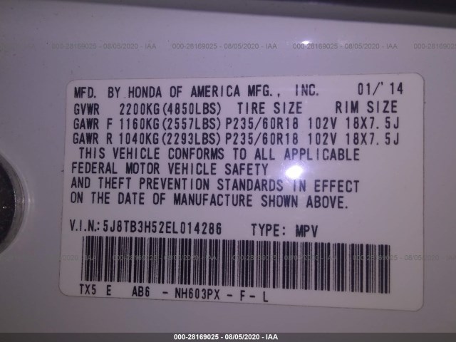 Photo 8 VIN: 5J8TB3H52EL014286 - ACURA RDX 