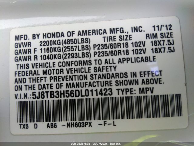 Photo 8 VIN: 5J8TB3H56DL011423 - ACURA RDX 