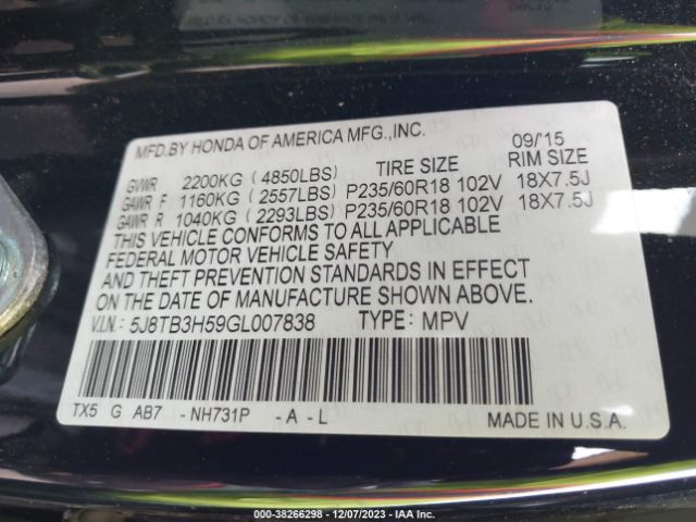 Photo 8 VIN: 5J8TB3H59GL007838 - ACURA RDX 