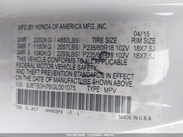 Photo 8 VIN: 5J8TB3H76GL001075 - ACURA RDX 