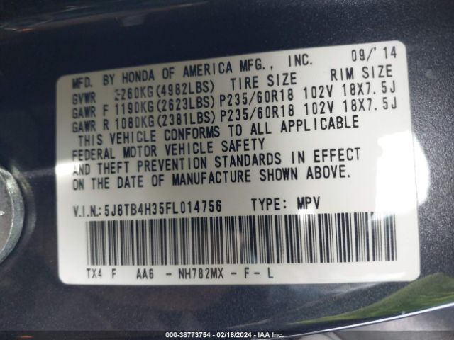 Photo 8 VIN: 5J8TB4H35FL014756 - ACURA RDX 