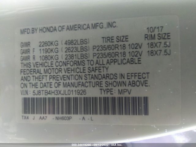 Photo 8 VIN: 5J8TB4H3XJL011926 - ACURA RDX 